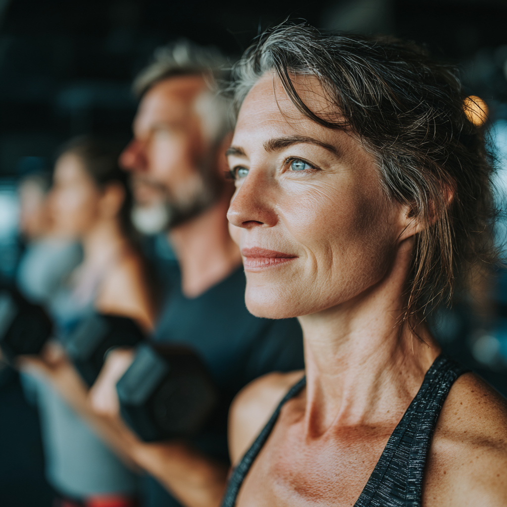 Mature adults aged 45-50 engaging in a group fitness session in a modern gym environment with natural lighting, showing people actively participating in strength training exercises with proper form and focused expressions